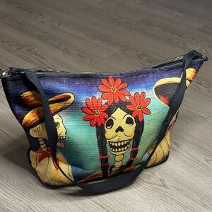 Colorful Day of the Dead Canvas Tote Bag with Floral Skull Art